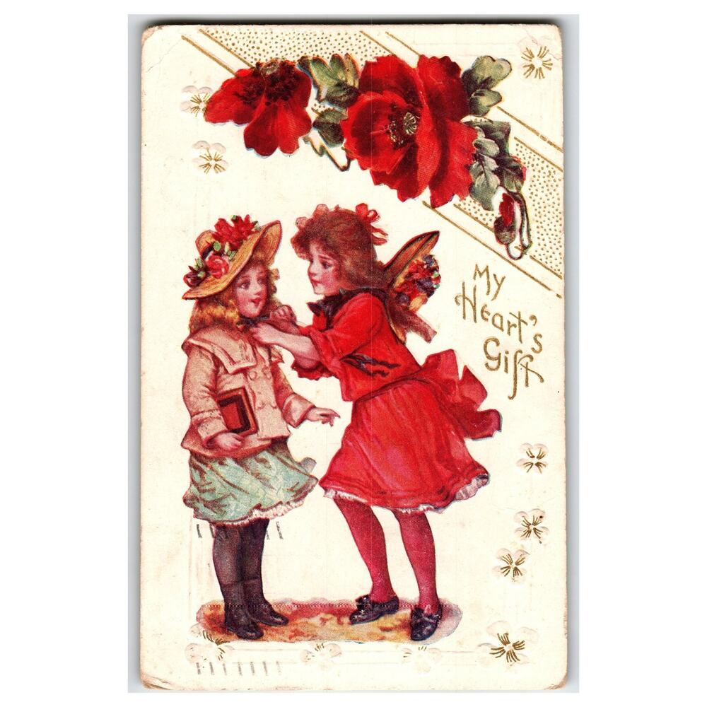 Vintage 1909 Embossed Valentine Postcard My Heart's Gift with Girls